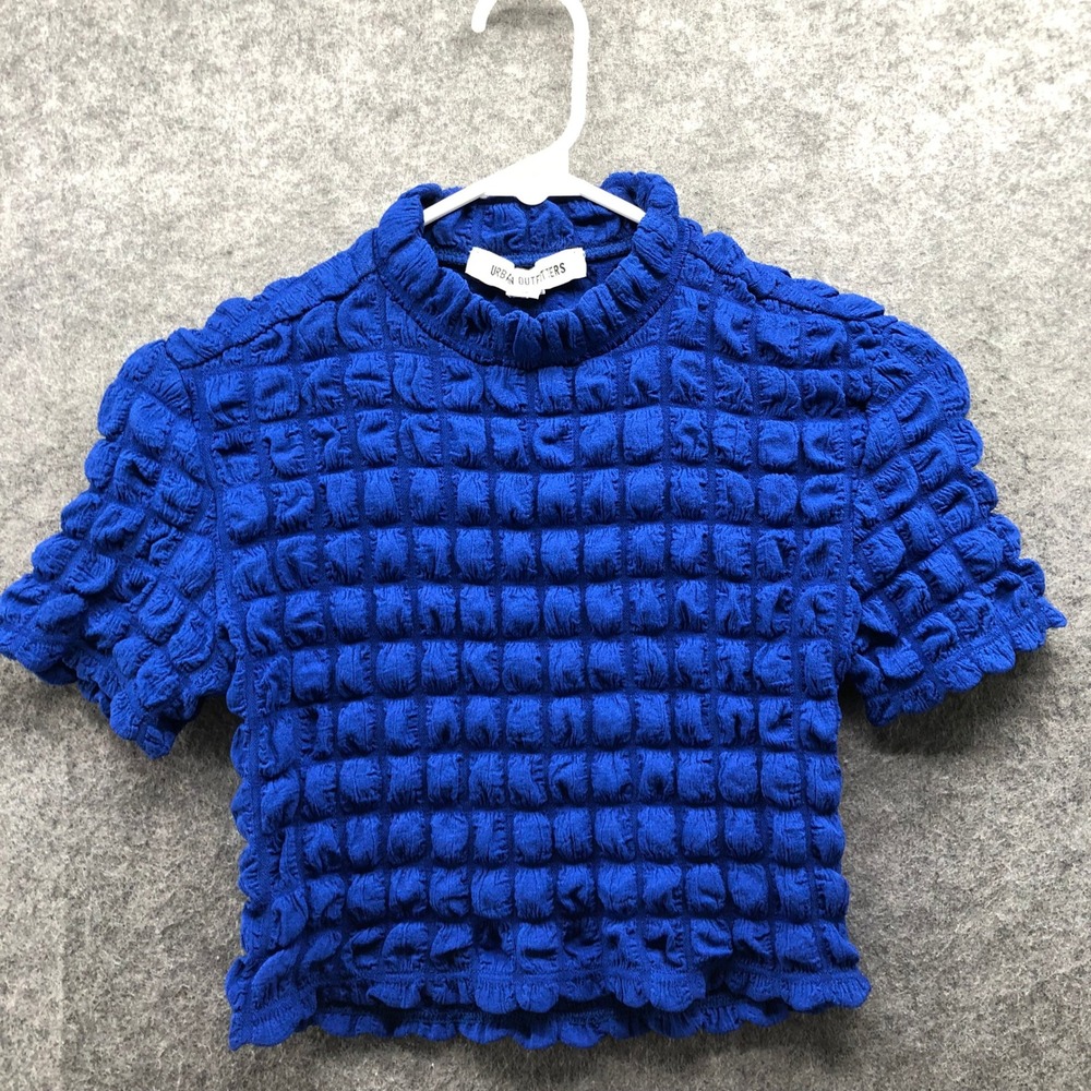 Urban Outfitters Popcorn Mock Neck Crop Top Womens XS Royal Blue Short Sleeve
